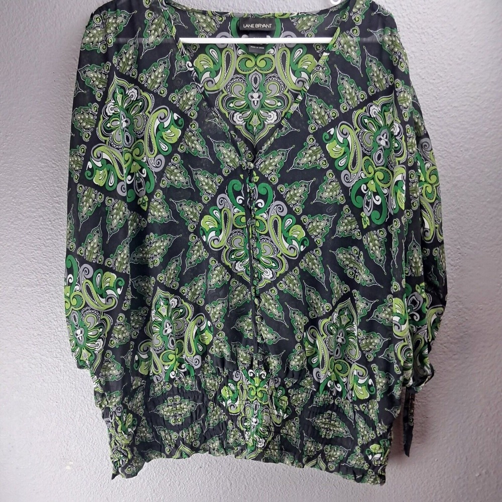 Lane Bryant Womens Plus Size 14/16 Green Paisley Blouse Button Front 3/4 Sleeve